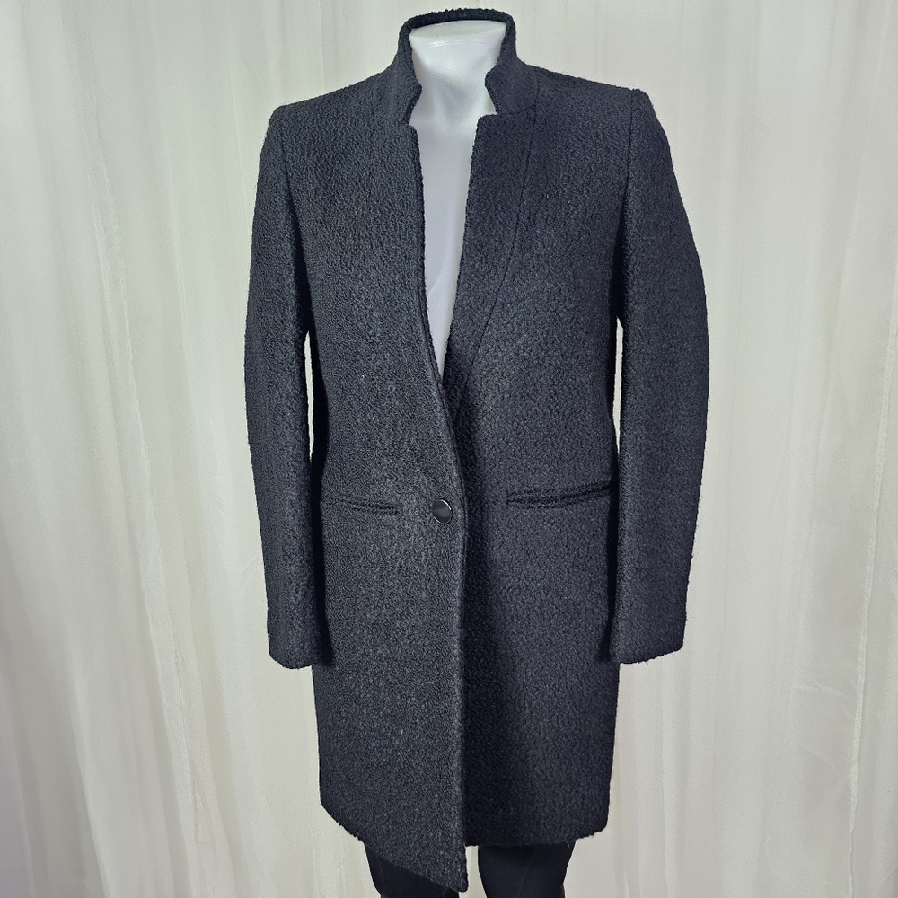 Gianni Feraud Elegant Black Textured Wool Boucle Coat Peaked Collar Size 6